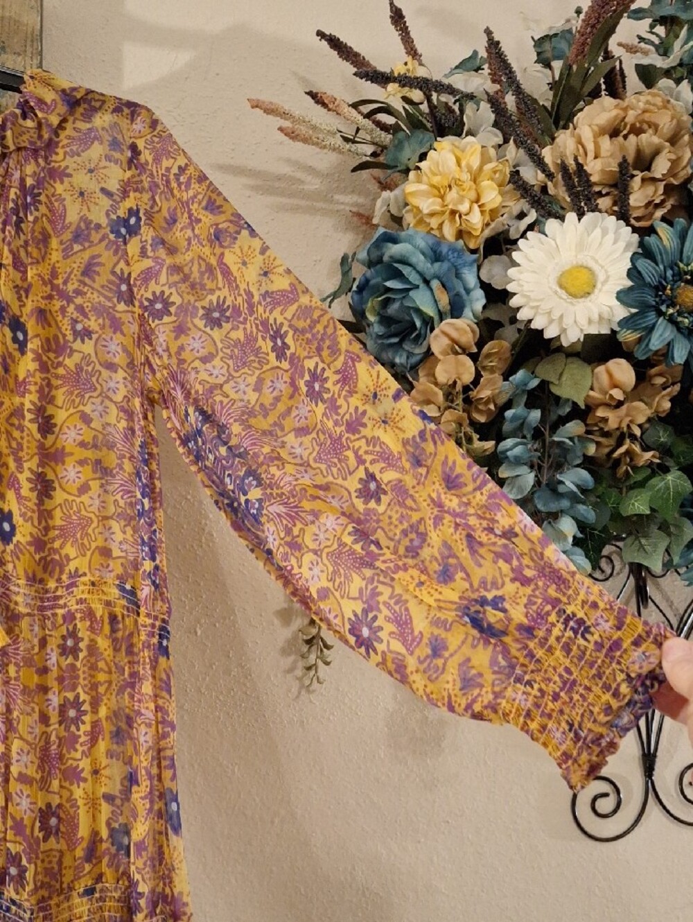 Anthropologie Mustard Yellow/Lavender Floral Tiered Maxi Dress. Size Medium NWT - Picture 8 of 15